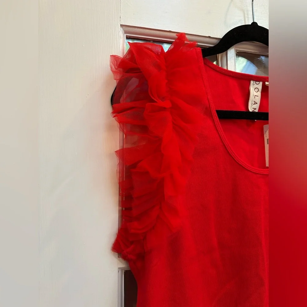 Anthropologie DOLAN Left Coast Tulle Sleeve Tank Top Blouse Red Chic Size XL - Picture 4 of 11